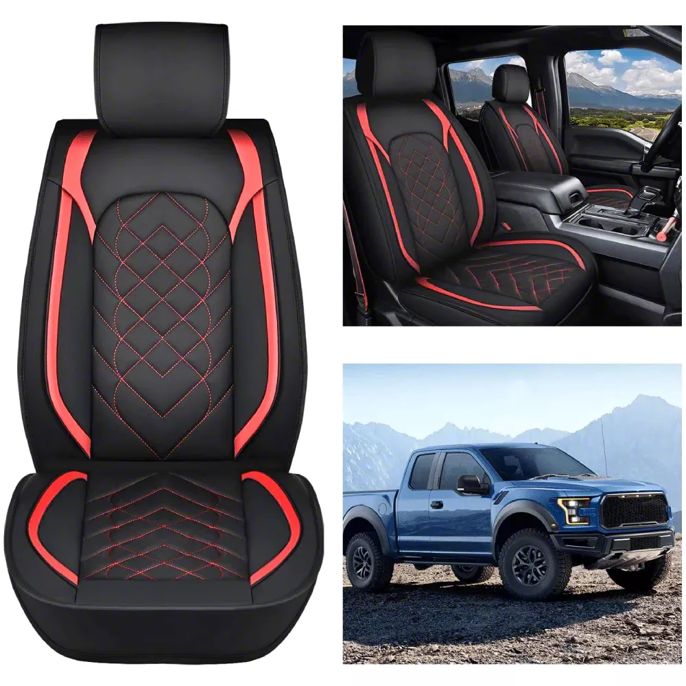 F250 Super Duty Waterproof Leather Front Seat Covers; Black and Red