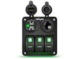 3-Gang Aluminum Rocker Switch Panel with USB and Cigarette Lighter Power; Green LED (Universal; Some Adaptation May Be Required)