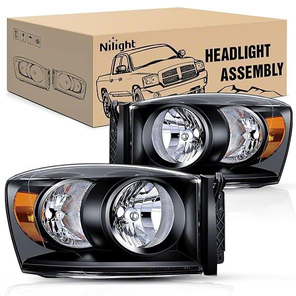 RAM 1500 Headlights with Amber Corners; Black Housing; Clear Lens (06 ...