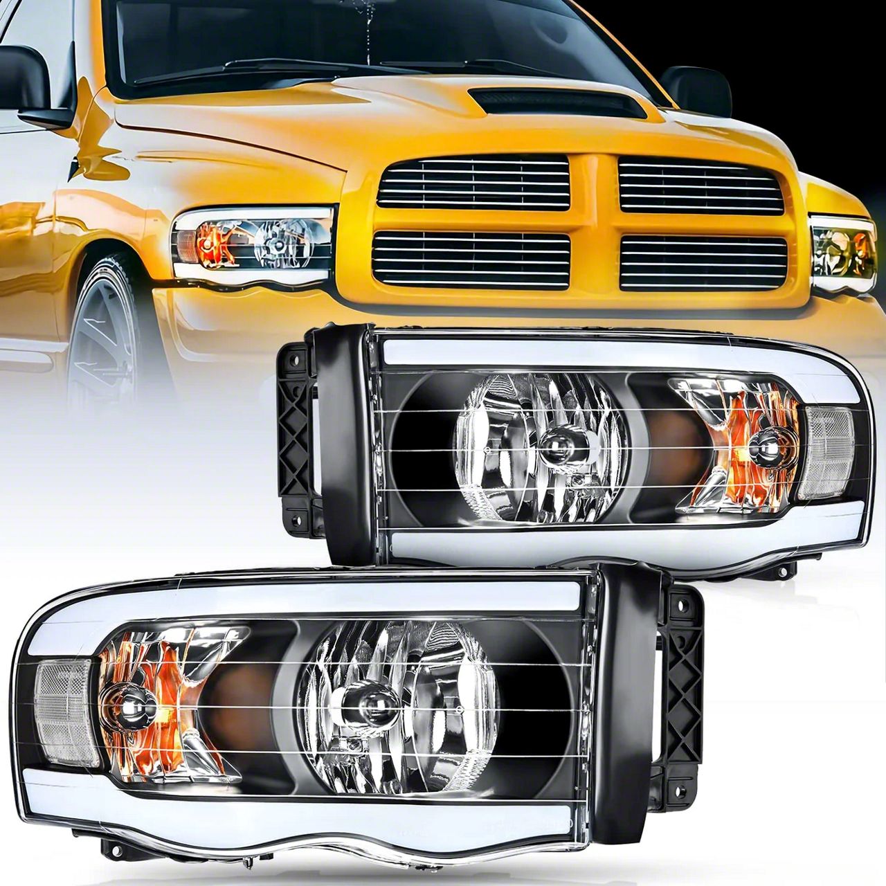 RAM 1500 LED DRL Headlights with Clear Reflectors; Black Housing; Clear ...