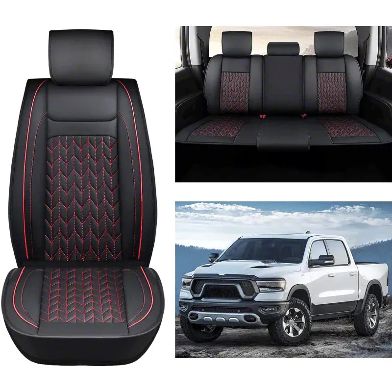 RAM 1500 Waterproof Leather Front and Rear Seat Covers; Black and Red ...