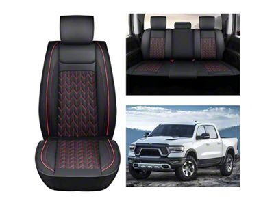 Waterproof Leather Front and Rear Seat Covers; Black and Red (09-24 RAM 1500 Crew Cab)