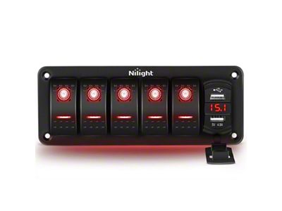 5-Gang Rocker Switch Panel with Dual USB Chargers and Voltmeter; Red LED (Universal; Some Adaptation May Be Required)