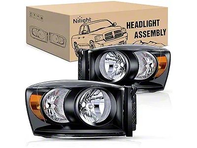 Nilight Headlights with Clear Corners; Black Housing; Clear Lens (06-09 RAM 2500)