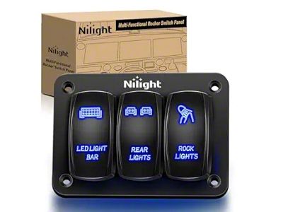 3-Gang Aluminum Rocker Switch Panel with LED Light, Rear Light, and Rock Light Rocker Switches; Blue LED (Universal; Some Adaptation May Be Required)