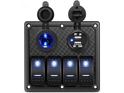 4-Gang Rocker Switch Panel with USB Charger and Power Socket; Blue LED (Universal; Some Adaptation May Be Required)