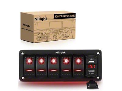 5-Gang Rocker Switch Panel with Dual USB Chargers and Voltmeter; Green LED (Universal; Some Adaptation May Be Required)
