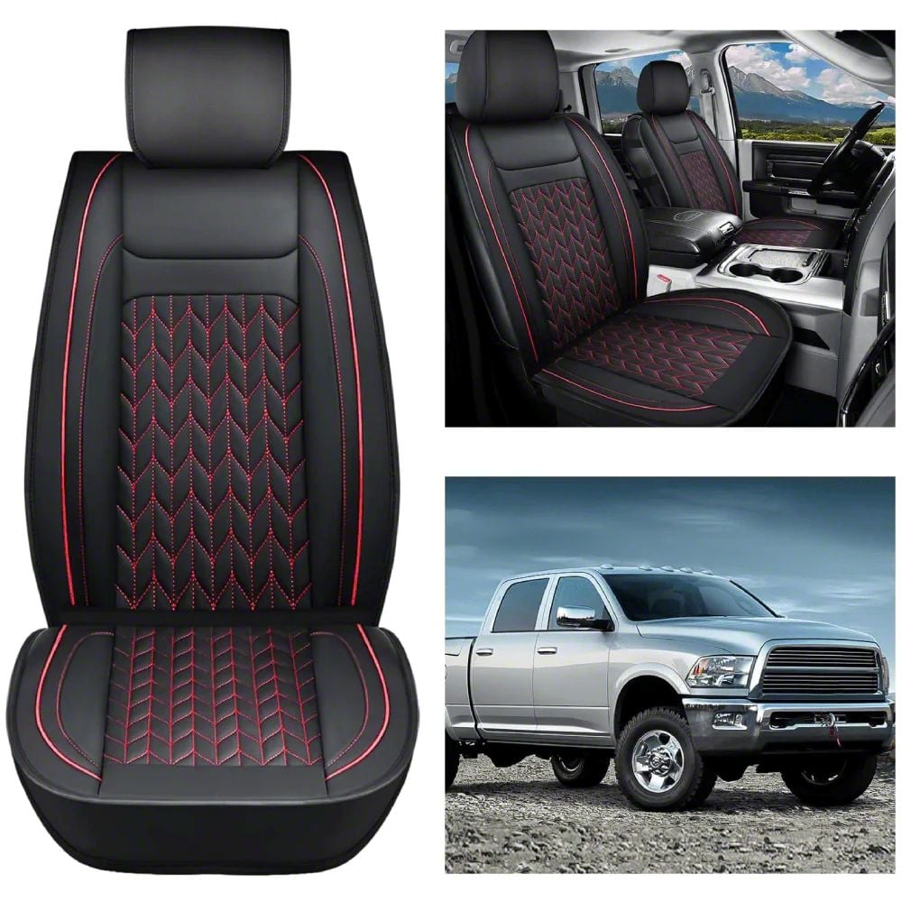 RAM 3500 Waterproof Leather Front Seat Covers; Black and Red (09-24 RAM ...