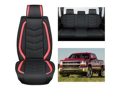 Waterproof Leather Front and Rear Seat Covers; Black and Red (07-24 Sierra 1500 Extended/Double Cab, Crew Cab)