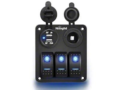 3-Gang Aluminum Rocker Switch Panel with USB and Cigarette Lighter Power; Blue LED (Universal; Some Adaptation May Be Required)