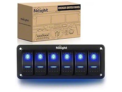 Nilight 6-Gang Aluminum Rocker Switch Panel with Rocker Switches; Blue LED (Universal; Some Adaptation May Be Required)