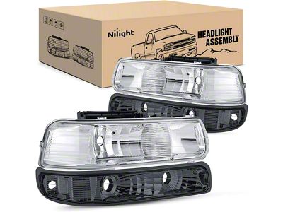 OE Style Headlights with Clear Corners and Smoked Bumper Lights; Chrome Housing; Clear Lens (99-02 Silverado 1500)