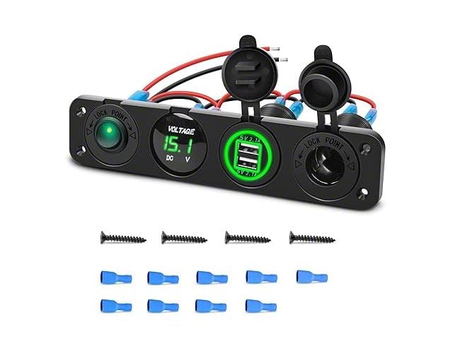 4-in-1 ON/OFF Charger Socket Panel with Dual USB Socket, Power Outlet, LED Voltmeter and Cigarette Lighter Socket; Green LED (Universal; Some Adaptation May Be Required)