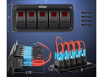 5-Gang Aluminum Rocker Switch Panel with Rocker Switches; Red LED (Universal; Some Adaptation May Be Required)