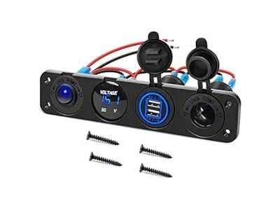 4-in-1 ON/OFF Charger Socket Panel with Dual USB Socket, Power Outlet, LED Voltmeter, and Cigarette Lighter Socket; Blue LED (Universal; Some Adaptation May Be Required)