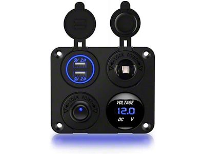 4-in-1 ON/OFF Charger Socket Panel with Dual USB Socket, Power Outlet, LED Voltmeter and Cigarette Lighter Socket; Blue LED (Universal; Some Adaptation May Be Required)