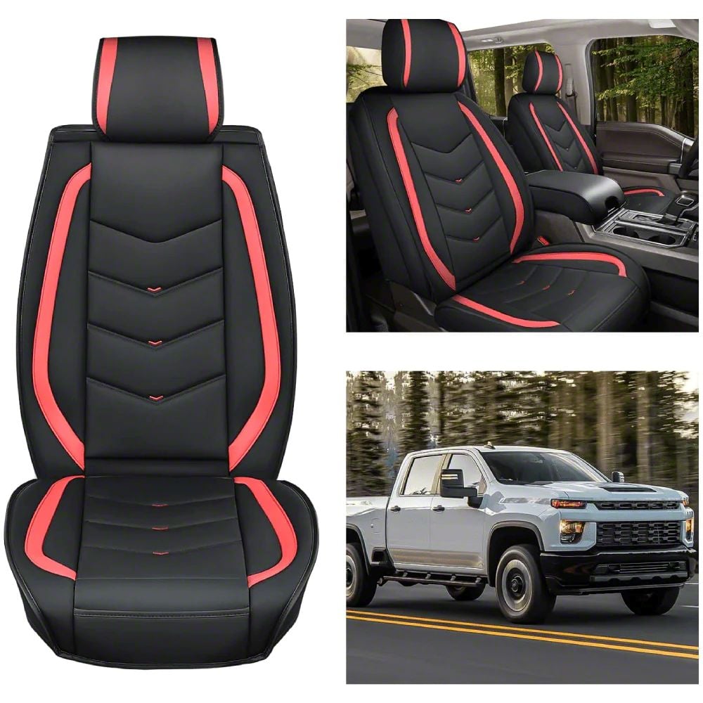 Silverado 2500 Waterproof Leather Front Seat Covers; Black and Red (07 ...