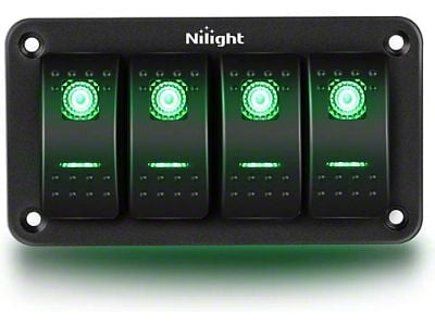 4-Gang Aluminum Rocker Switch Panel with Rocker Switches; Green LED (Universal; Some Adaptation May Be Required)