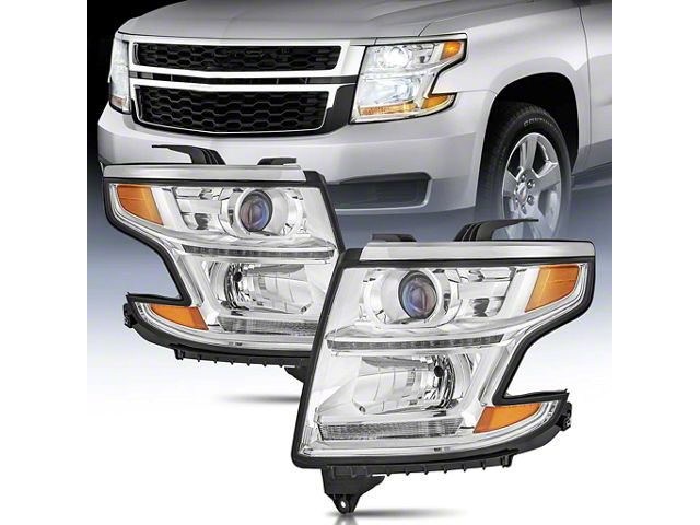 OE Style Headlights with Amber Corners; Chrome Housing; Clear Lens (15-20 Tahoe w/ Factory Halogen Headlights)