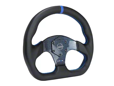 NRG Innovations Flat Bottom Leather Steering Wheel; Blue Carbon Fiber Center and Stitching (Universal; Some Adaptation May Be Required)