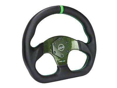 NRG Innovations Flat Bottom Leather Steering Wheel; Green Carbon Fiber Center and Stitching (Universal; Some Adaptation May Be Required)