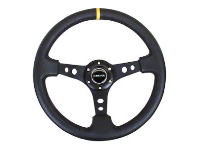 NRG Innovations Sport 350mm 3-Inch Deep Dish Steering Wheel with Holes; Black Leather with Yellow Center Mark (Universal; Some Adaptation May Be Required)