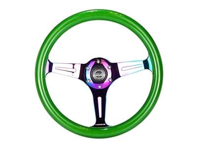 NRG Innovations Classic Wood Grain 350mm Steering Wheel; Neochrome and Green (Universal; Some Adaptation May Be Required)