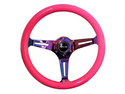 NRG Innovations Classic Wood Grain 350mm Steering Wheel; Neochrome and Neon Pink (Universal; Some Adaptation May Be Required)