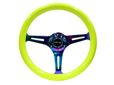 NRG Innovations Classic Wood Grain 350mm Steering Wheel; Neochrome and Neon Yellow (Universal; Some Adaptation May Be Required)