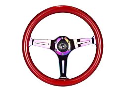 NRG Innovations Classic Wood Grain 350mm Steering Wheel; Neochrome and Red (Universal; Some Adaptation May Be Required)