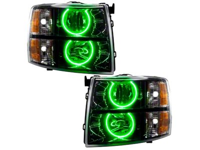 Oracle OE Style Headlights with Green Round Ring LED Halo; Black Housing; Clear Lens (07-14 Silverado 3500 HD)