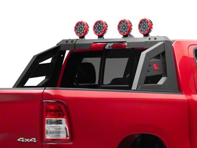 Armour Roll Bar with 7-Inch Red Round LED Lights; Black (94-25 RAM 1500 w/o RAM Box)