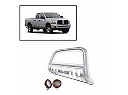 Bull Bar with 5.30-Inch Red Round Flood LED Lights and Skid Plate; Stainless Steel (02-08 RAM 1500)