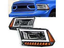 C-Shaped LED DRL Sequential Headlights with Amber Corners; Black Housing; Clear Lens (09-18 RAM 1500 w/ Factory Halogen Dual or Quad Headlights)