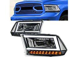 C-Shaped LED DRL Sequential Headlights with Clear Corners; Black Housing; Clear Lens (09-18 RAM 1500 w/ Factory Halogen Dual or Quad Headlights)