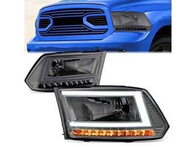 C-Shaped LED DRL Sequential Headlights with Clear Corners; Chrome Housing; Smoked Lens (09-18 RAM 1500 w/ Factory Halogen Dual or Quad Headlights)