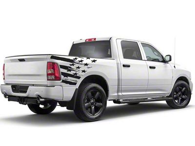 Distressed US Flag Bed Decal; Gloss Black (02-18 RAM 1500)