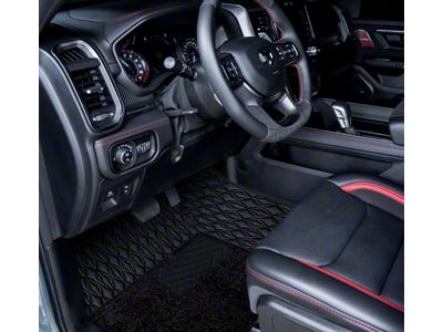 Double Layer Diamond Front and Rear Floor Mats; Base Layer Black and Top Layer Black (19-24 RAM 1500 Crew Cab w/ Front Bucket Seats & Rear Underseat Storage)