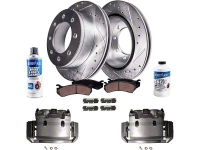 Drilled and Slotted 8-Lug Brake Rotor, Pad, Caliper, Brake Fluid and Cleaner Kit; Front (06-08 RAM 1500 Mega Cab)