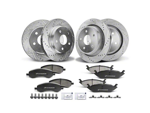 Drilled and Slotted 5-Lug Brake Rotor and Pad Kit; Front and Rear (06-18 RAM 1500, Excluding SRT-10 & Mega Cab)