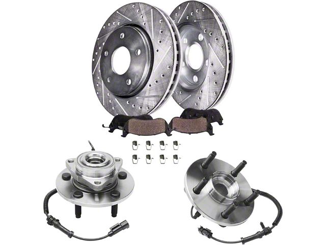 Drilled and Slotted 5-Lug Brake Rotor, Pad and Wheel Hub Assemblies; Front (09-11 RAM 1500)