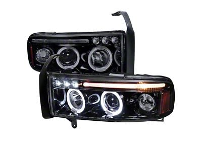 Dual Halo Projector Headlights; Glossy Black Housing; Smoked Lens (94-01 RAM 1500, Excluding Sport)