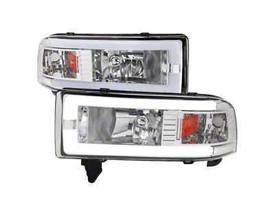 Dual LED Bar Factory Style Headlights; Chrome Housing; Clear Lens (94-01 RAM 1500, Excluding Sport)