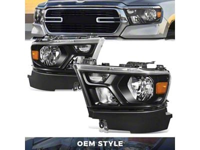 Factory Style Headlights with Amber Corners; Black Housing; Clear Lens (19-24 RAM 1500 w/ Factory Halogen Headlights)