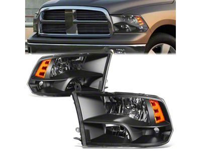 Factory Style Headlights with Amber Corners; Black Housing; Clear Lens (09-12 RAM 1500 w/ Factory Halogen Quad Headlights)