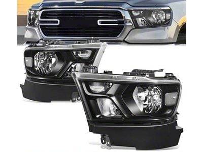 Factory Style Headlights with Clear Corners; Black Housing; Clear Lens (19-24 RAM 1500 w/ Factory Halogen Headlights)