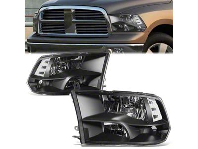 Factory Style Headlights with Clear Corners; Black Housing; Clear Lens (09-12 RAM 1500 w/ Factory Halogen Quad Headlights)