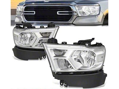 Factory Style Headlights with Clear Corners; Chrome Housing; Clear Lens (19-24 RAM 1500 w/ Factory Halogen Headlights)