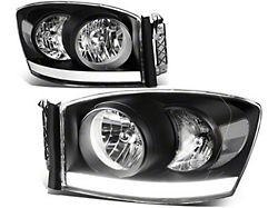 Factory Style Headlights with LED DRL; Black Housing; Clear Lens (06-08 RAM 1500)