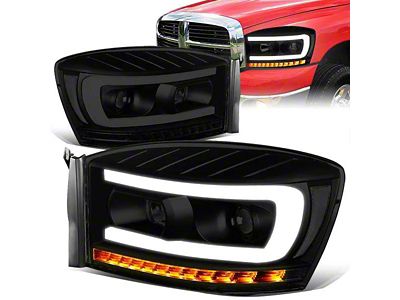 LED DRL Sequential Projector Headlights; Black Housing; Smoked Lens (06-08 RAM 1500)